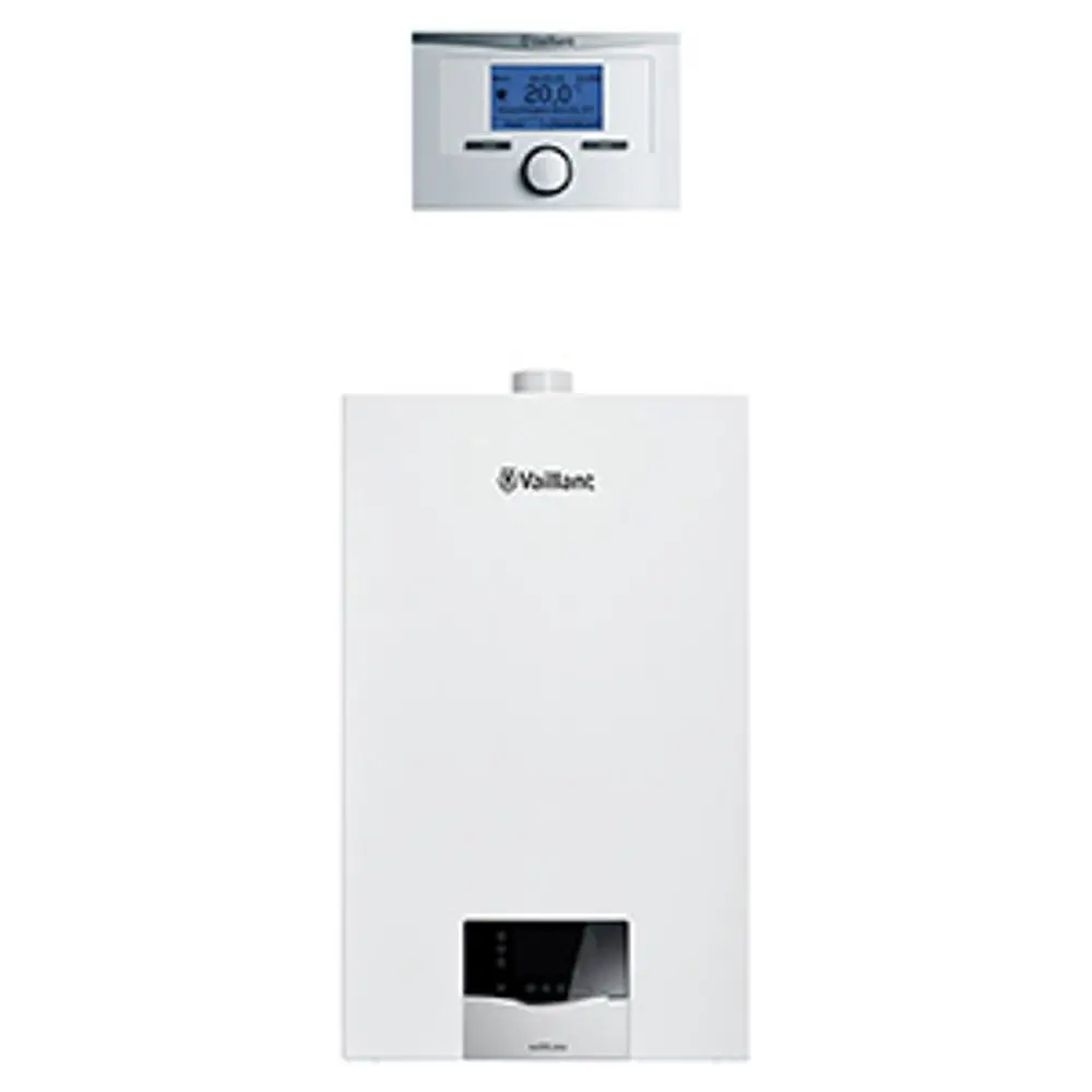 Vaillant Heizgerät in Weiß mit digitalem Display und Steuerungseinheit oben, für Heiz- und Warmwasserbereitung in einem kompakten Design.